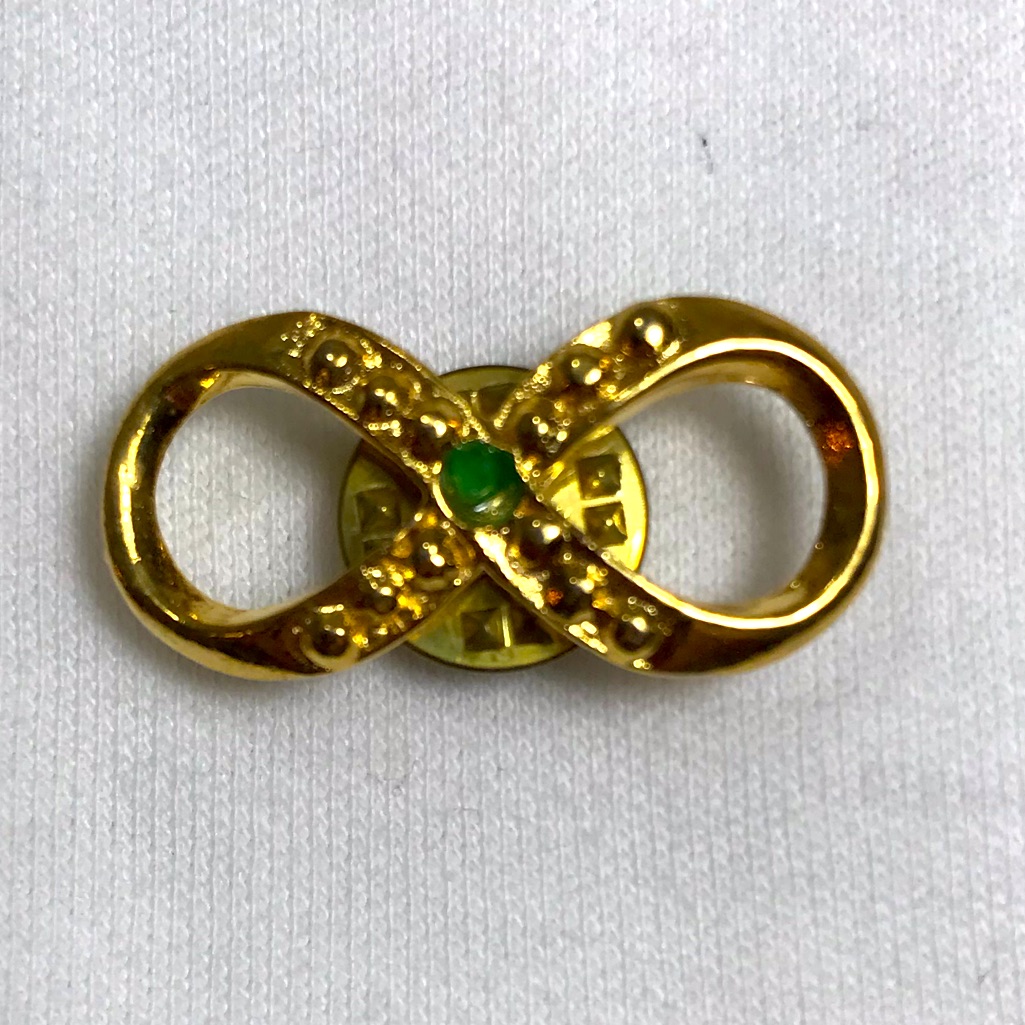 Vtg Lapel Pin Emerald & 24k Gold Electroplated Harriet Carter Infinity Unused